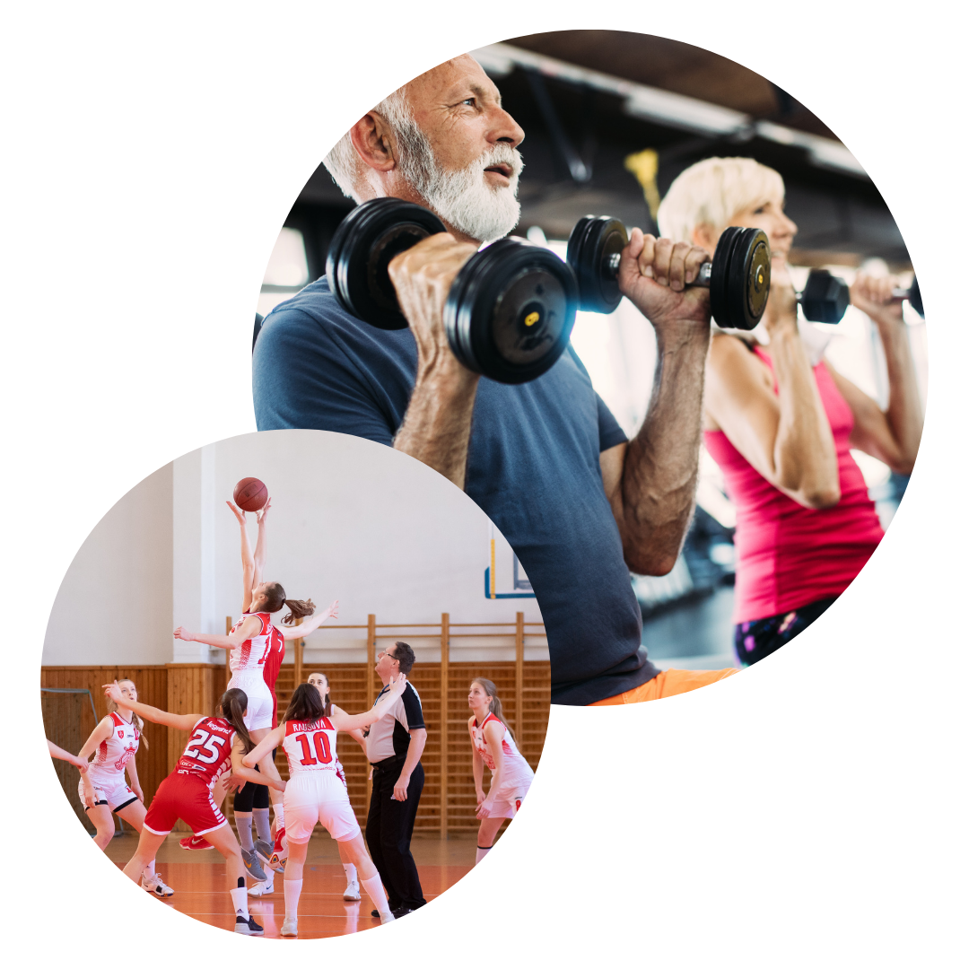 Active Lifestyles Across Generations » PEMF Recovery Plus Senior adults lifting dumbbells in a fitness center paired with teen girls jumping for a basketball during a competitive game in a gym.