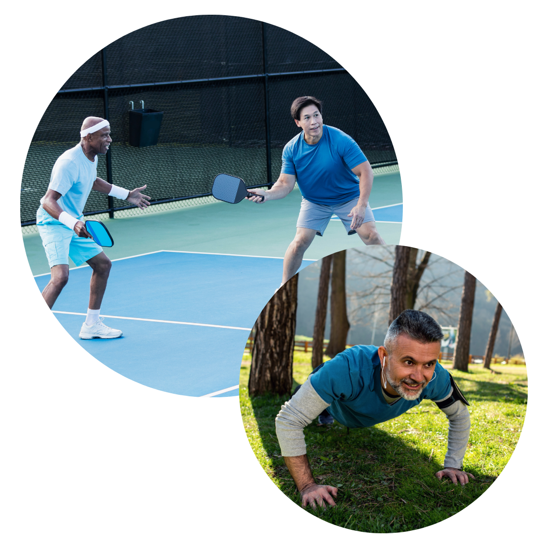 Active Aging: Pickleball and Outdoor Fitness for Men » PEMF Recovery Plus Men playing pickleball on a court and a man doing push-ups in a park, highlighting active aging and men's outdoor fitness.