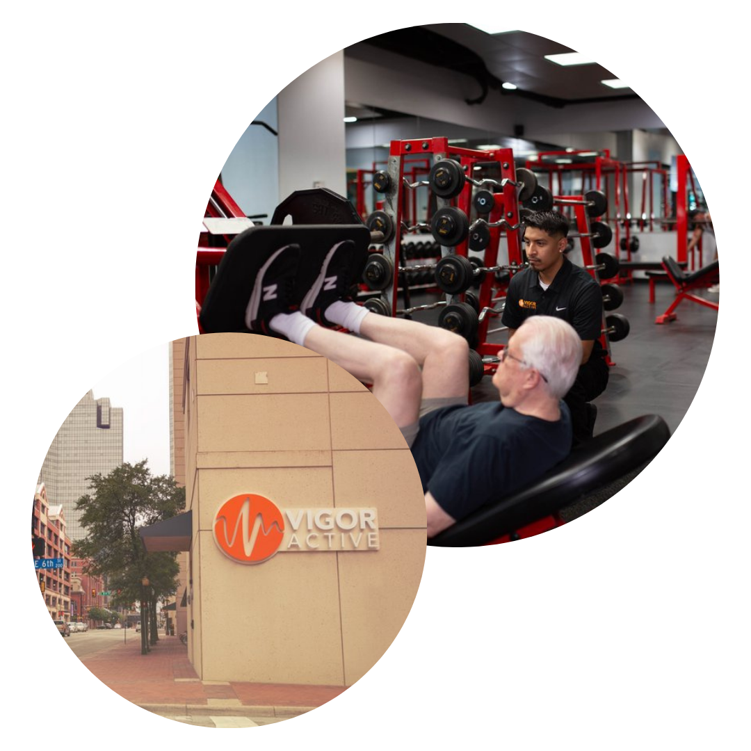 Senior Fitness Training at Vigor Active » PEMF Recovery Plus Personal trainer guiding an elderly man on a leg press machine at Vigor Active fitness center.