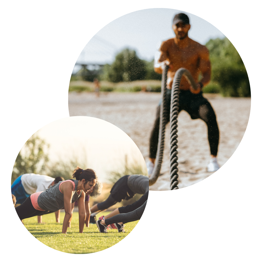 Outdoor Fitness and Bootcamp Training in Action » PEMF Recovery Plus Man training with battle ropes on sand and women doing plank exercises on grass during an outdoor fitness session.