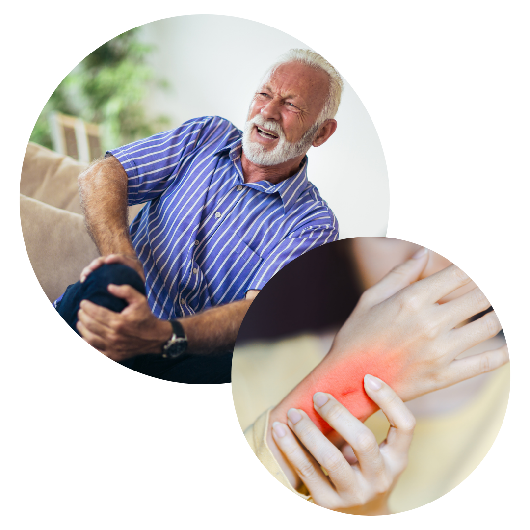 Chronic Joint Pain and Inflammation Relief » PEMF Recovery Plus Elderly man experiencing knee pain and inflamed wrist highlighted in red, depicting joint inflammation and arthritis symptoms.
