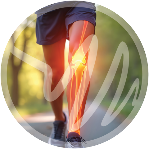 Active person with digitally enhanced knee joint showing inflammation or joint pain.