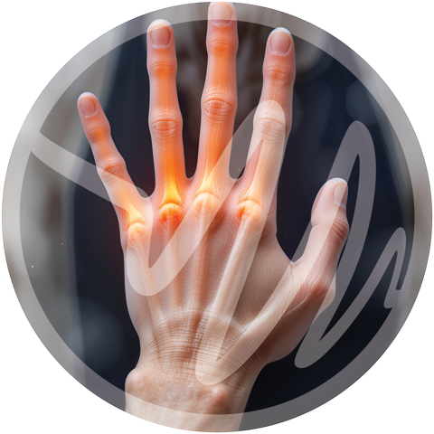 Hand Joint Inflammation and Arthritis Visualization » PEMF Recovery Plus Hand with glowing digital overlay showing inflamed finger joints.