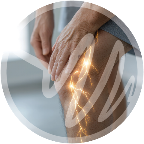 Sharp Knee Pain Concept for Nerve Conditions » PEMF Recovery Plus Close-up of knee with lightning bolts representing intense nerve or joint pain.