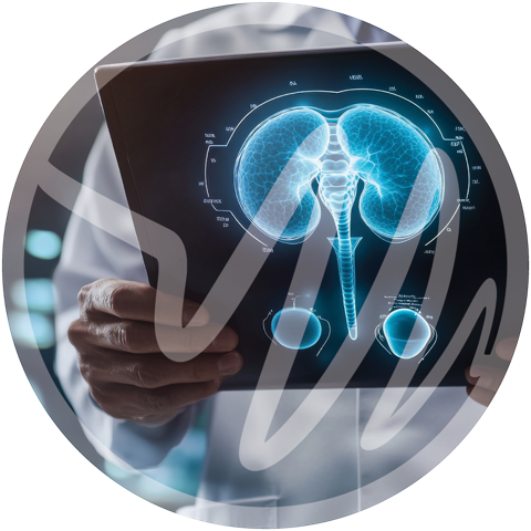 Medical professional holding a tablet displaying a digital scan of kidneys and urinary system.
