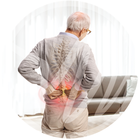 Elderly man holding his lower back with an overlay of spine, indicating spinal pain or pathology.