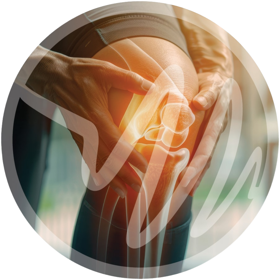 Knee Joint Pain and Arthritis Discomfort Visual » PEMF Recovery Plus Hands pressing against a glowing red knee joint, symbolizing inflammation, arthritis, or knee injury.