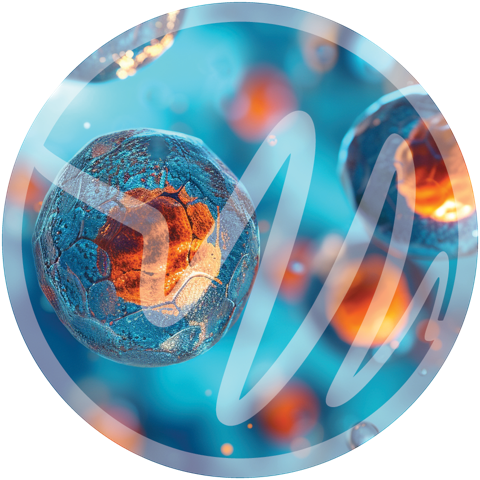 Innovative Regenerative Stem Cell Therapy » PEMF Recovery Plus 3D-style rendering of vibrant blue and orange stem cells.