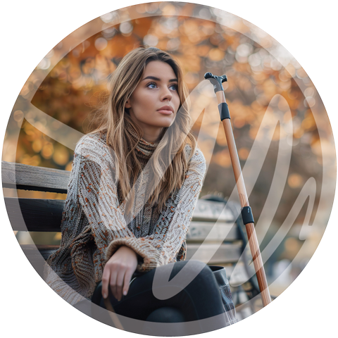 Young Woman Managing Mobility with Support Aid » PEMF Recovery Plus Woman sitting on a bench in autumn with a walking stick